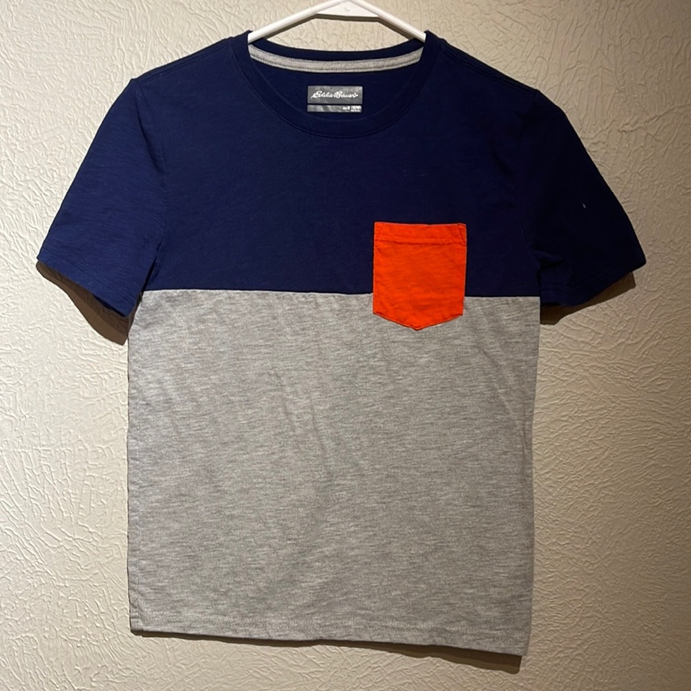 Eddie Bauer kids M 10/12. Cotton/poly t-shirt block colors grey and blue.